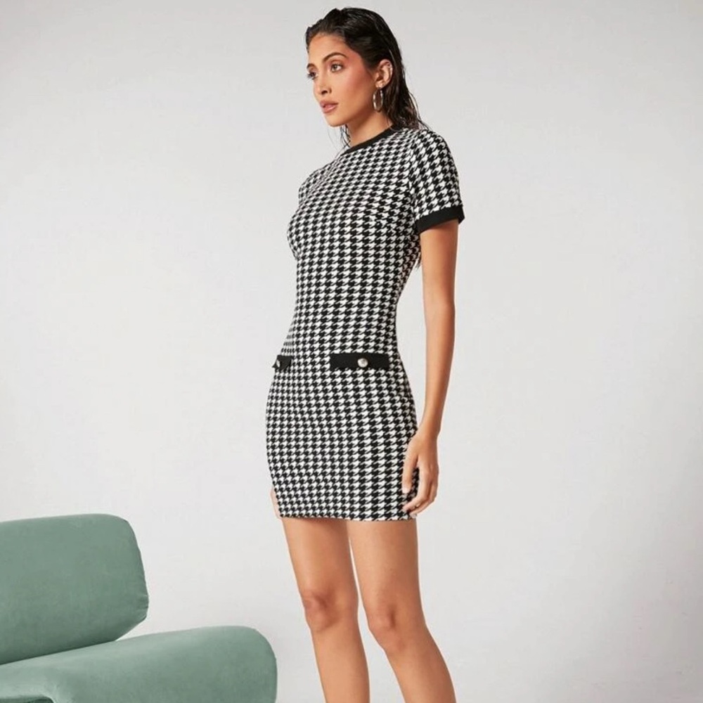Button Front Houndstooth Bodycon Dress